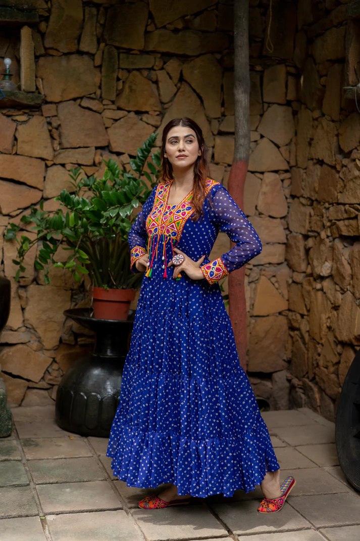 Blue Elegant Georgette Ruffle Gown with Mill Print, Chain Stitch Embroidery & Mirror Work –Fully Stitched