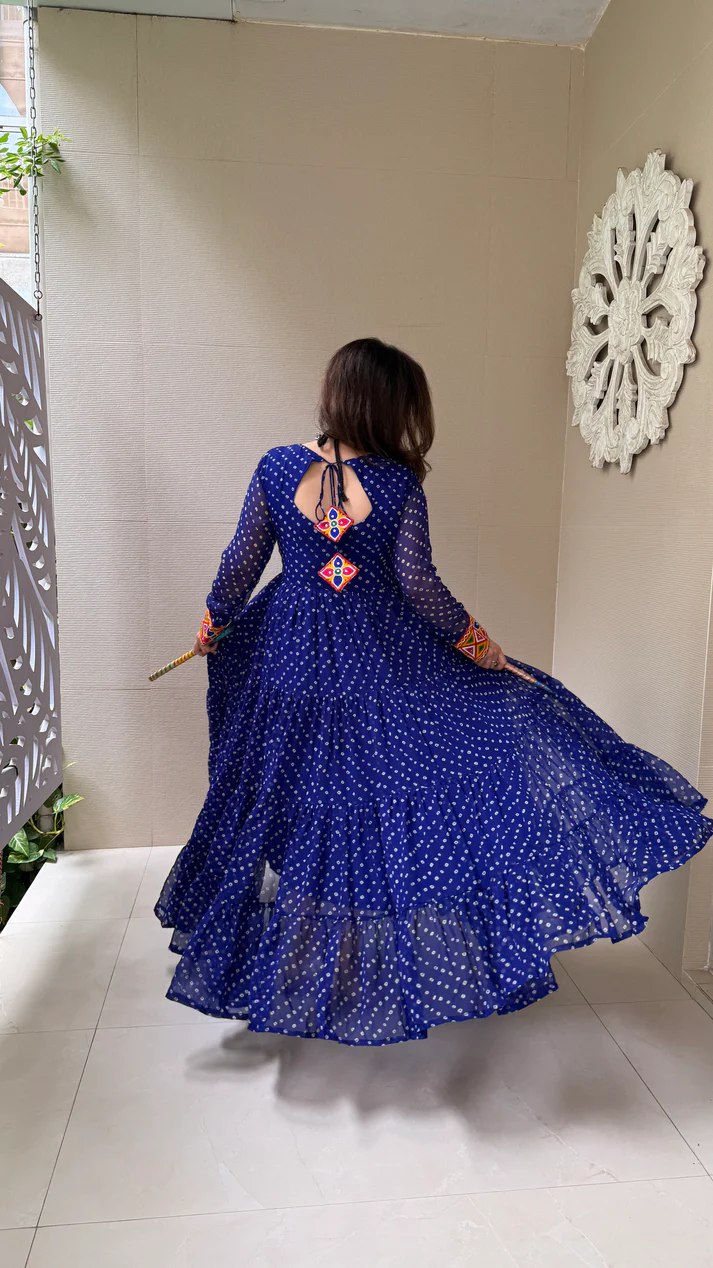 Blue Elegant Georgette Ruffle Gown with Mill Print, Chain Stitch Embroidery & Mirror Work –Fully Stitched