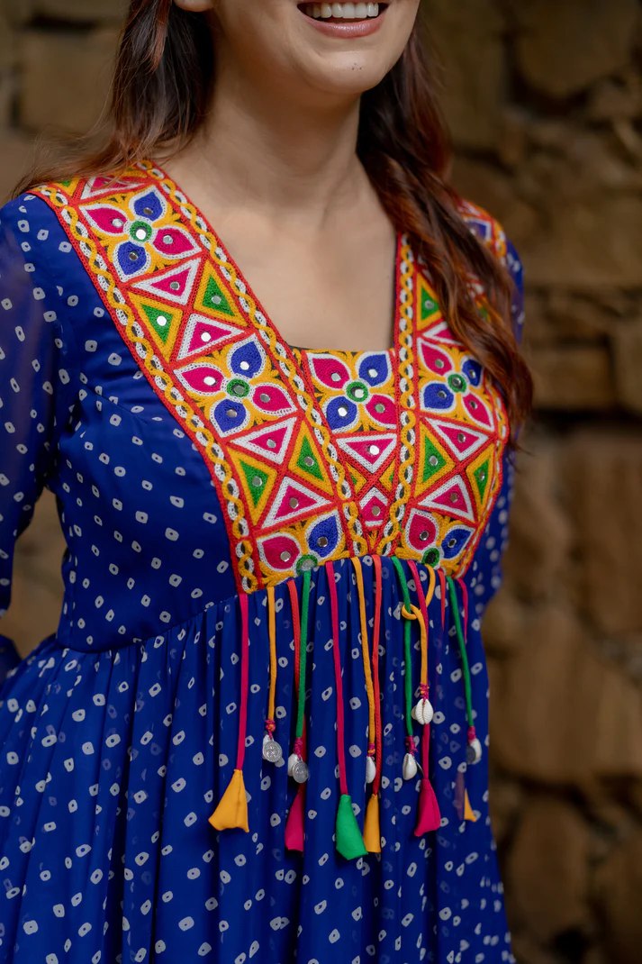 Blue Elegant Georgette Ruffle Gown with Mill Print, Chain Stitch Embroidery & Mirror Work –Fully Stitched