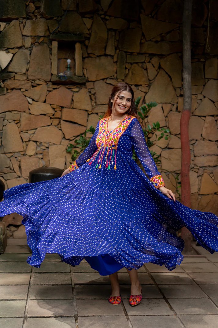 Blue Elegant Georgette Ruffle Gown with Mill Print, Chain Stitch Embroidery & Mirror Work –Fully Stitched