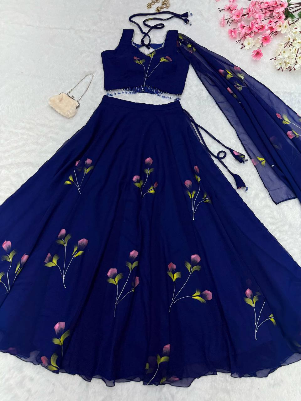 Blue Elegant Hand-Painted Georgette Lehenga Set