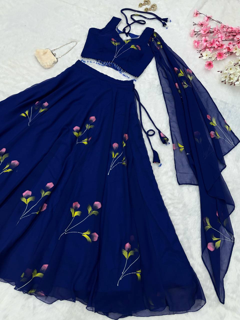 Blue Elegant Hand-Painted Georgette Lehenga Set