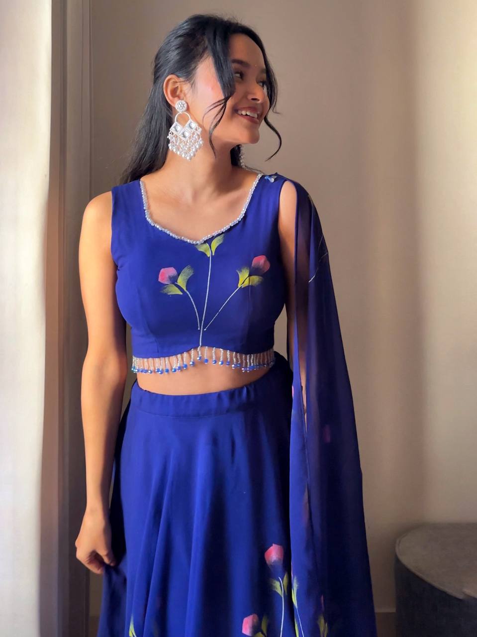 Blue Elegant Hand-Painted Georgette Lehenga Set