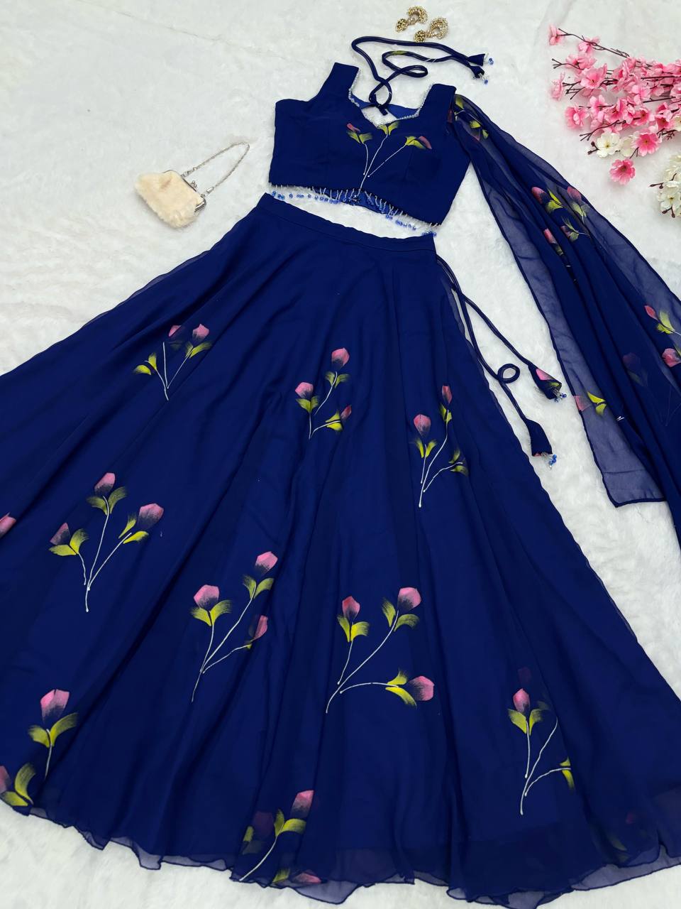 Blue Elegant Hand-Painted Georgette Lehenga Set