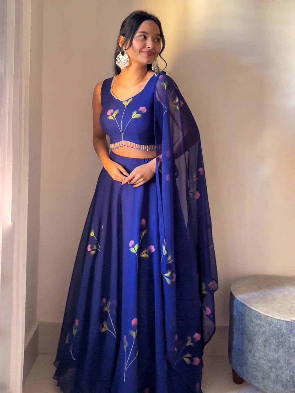 Blue Elegant Hand-Painted Georgette Lehenga Set