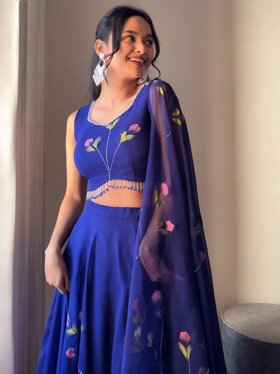 Blue Elegant Hand-Painted Georgette Lehenga Set