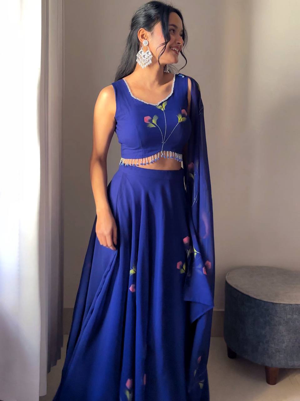 Blue Elegant Hand-Painted Georgette Lehenga Set