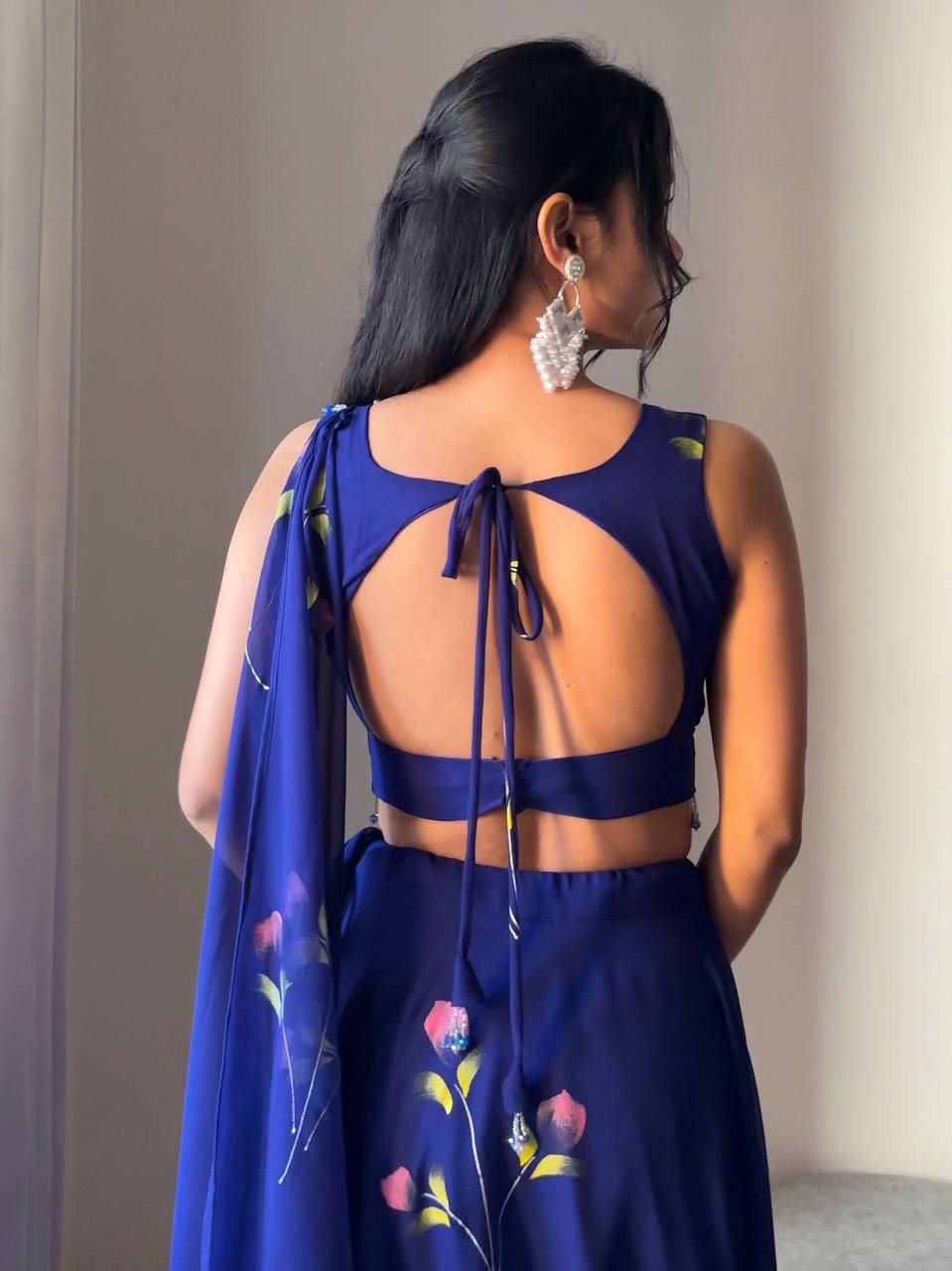 Blue Elegant Hand-Painted Georgette Lehenga Set