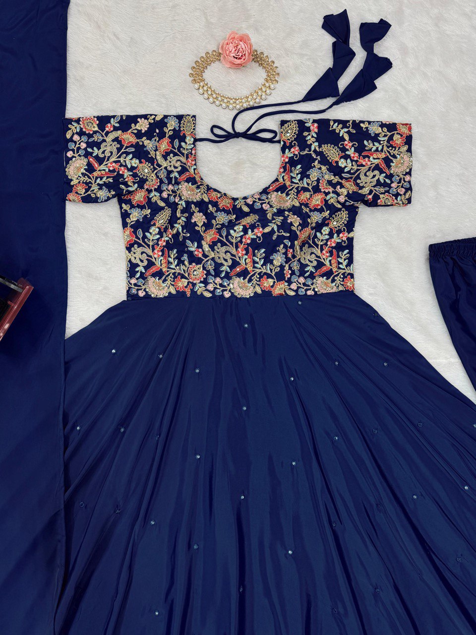 Blue Elegant Heavy Natural Crepe Gown with Intricate Coding Dori & Sequin Work