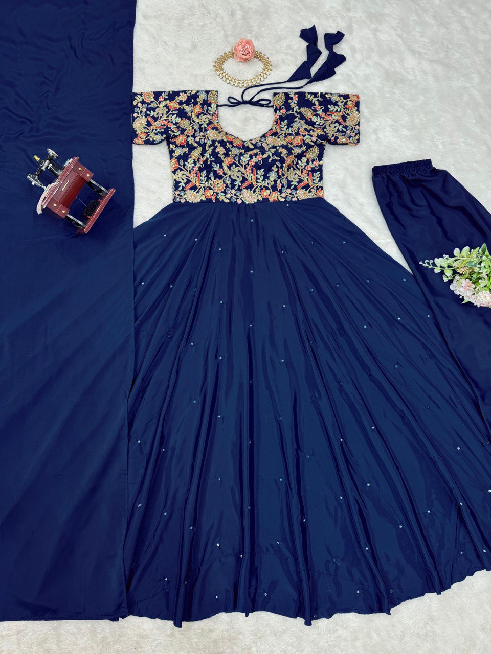 Blue Elegant Heavy Natural Crepe Gown with Intricate Coding Dori & Sequin Work