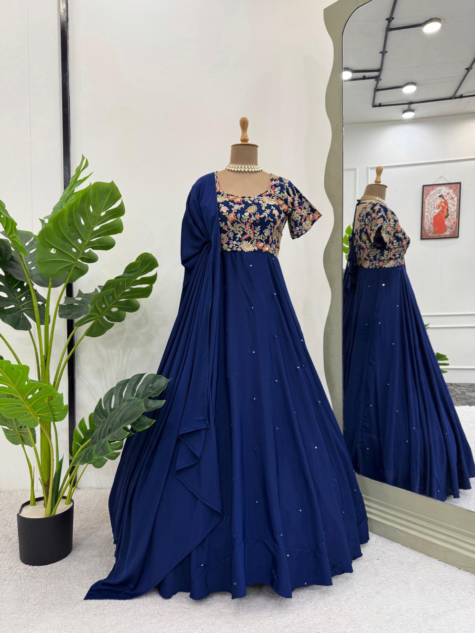 Blue Elegant Heavy Natural Crepe Gown with Intricate Coding Dori & Sequin Work