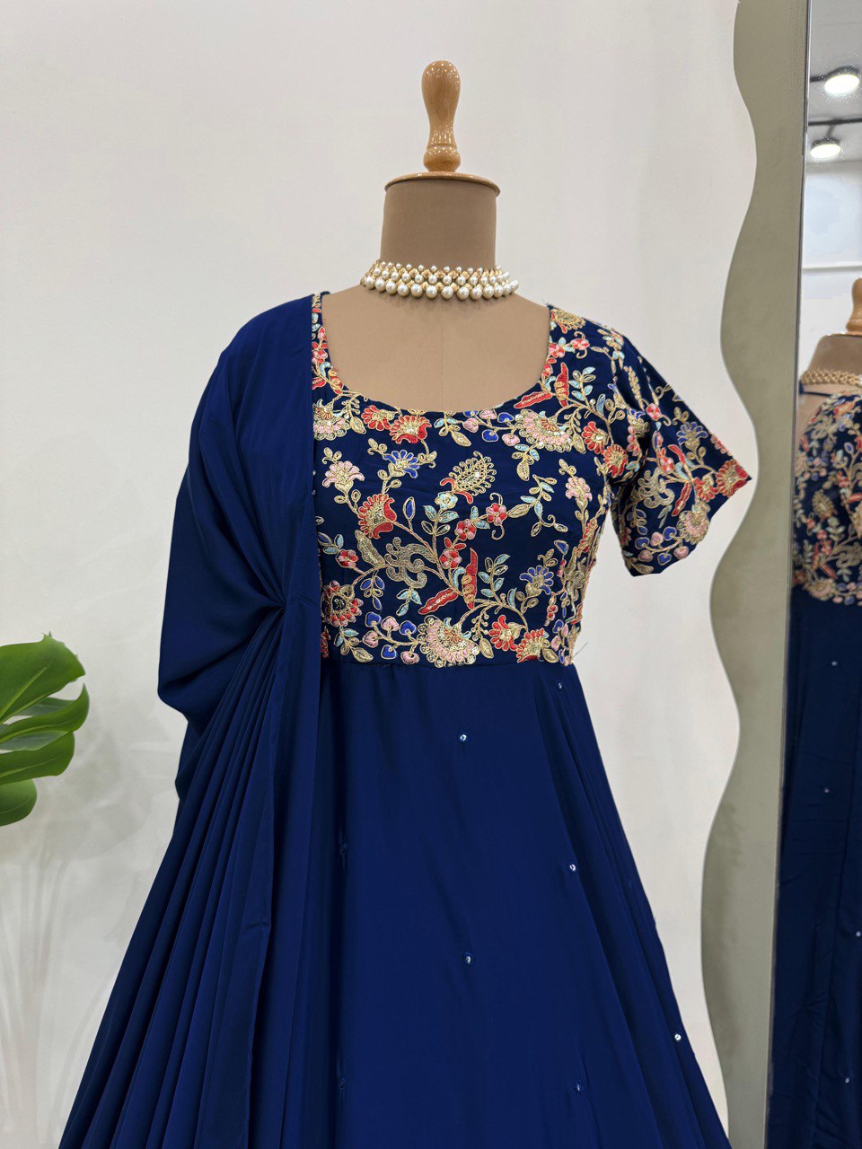 Blue Elegant Heavy Natural Crepe Gown with Intricate Coding Dori & Sequin Work