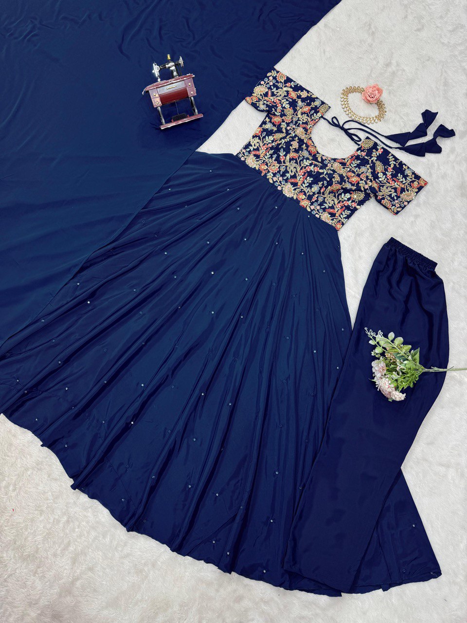 Blue Elegant Heavy Natural Crepe Gown with Intricate Coding Dori & Sequin Work