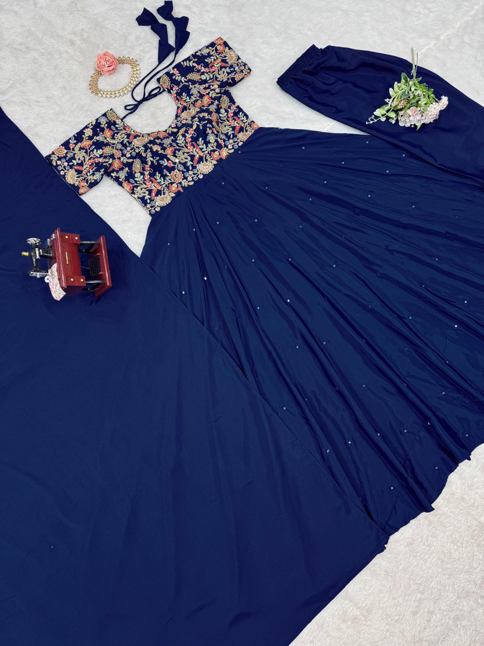 Blue Elegant Heavy Natural Crepe Gown with Intricate Coding Dori & Sequin Work