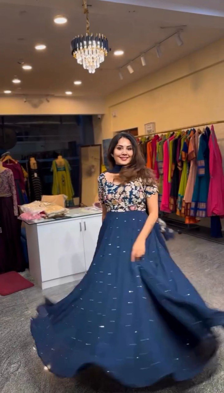 Blue Elegant Heavy Natural Crepe Gown with Intricate Coding Dori & Sequin Work