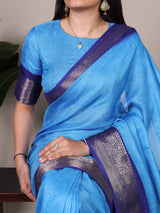 Blue Elegant Marsh Mello Zari Weaving Saree with Matching Unstitched Blouse – Traditional Festive & Wedding Wear