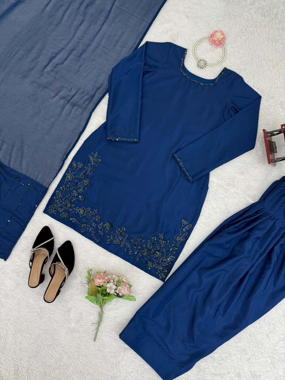 Blue Elegant Natural Crepe Farshi Set with Beaded Top & Sequins Dupatta