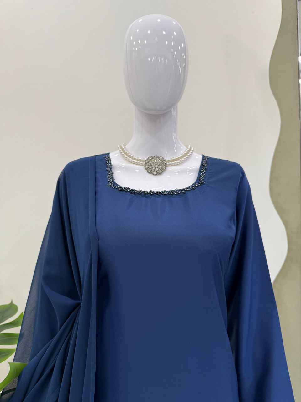 Blue Elegant Natural Crepe Farshi Set with Beaded Top & Sequins Dupatta
