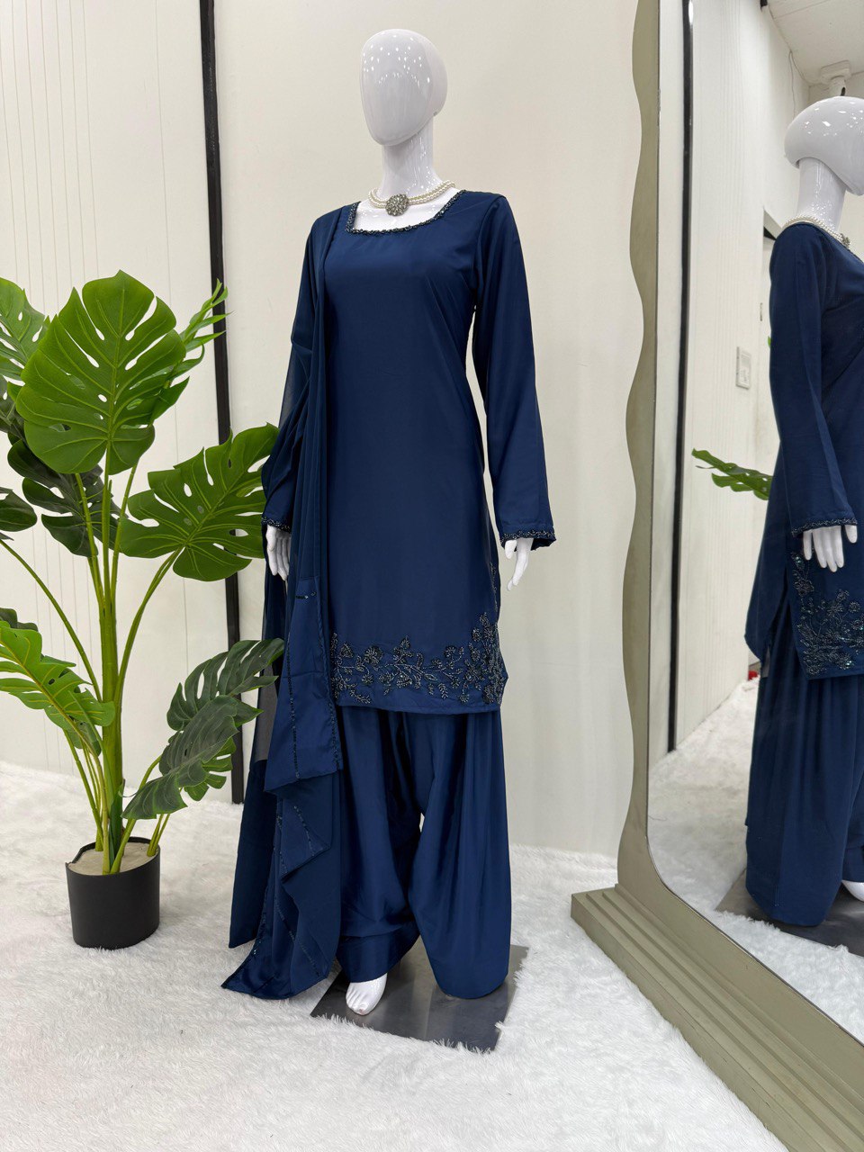 Blue Elegant Natural Crepe Farshi Set with Beaded Top & Sequins Dupatta