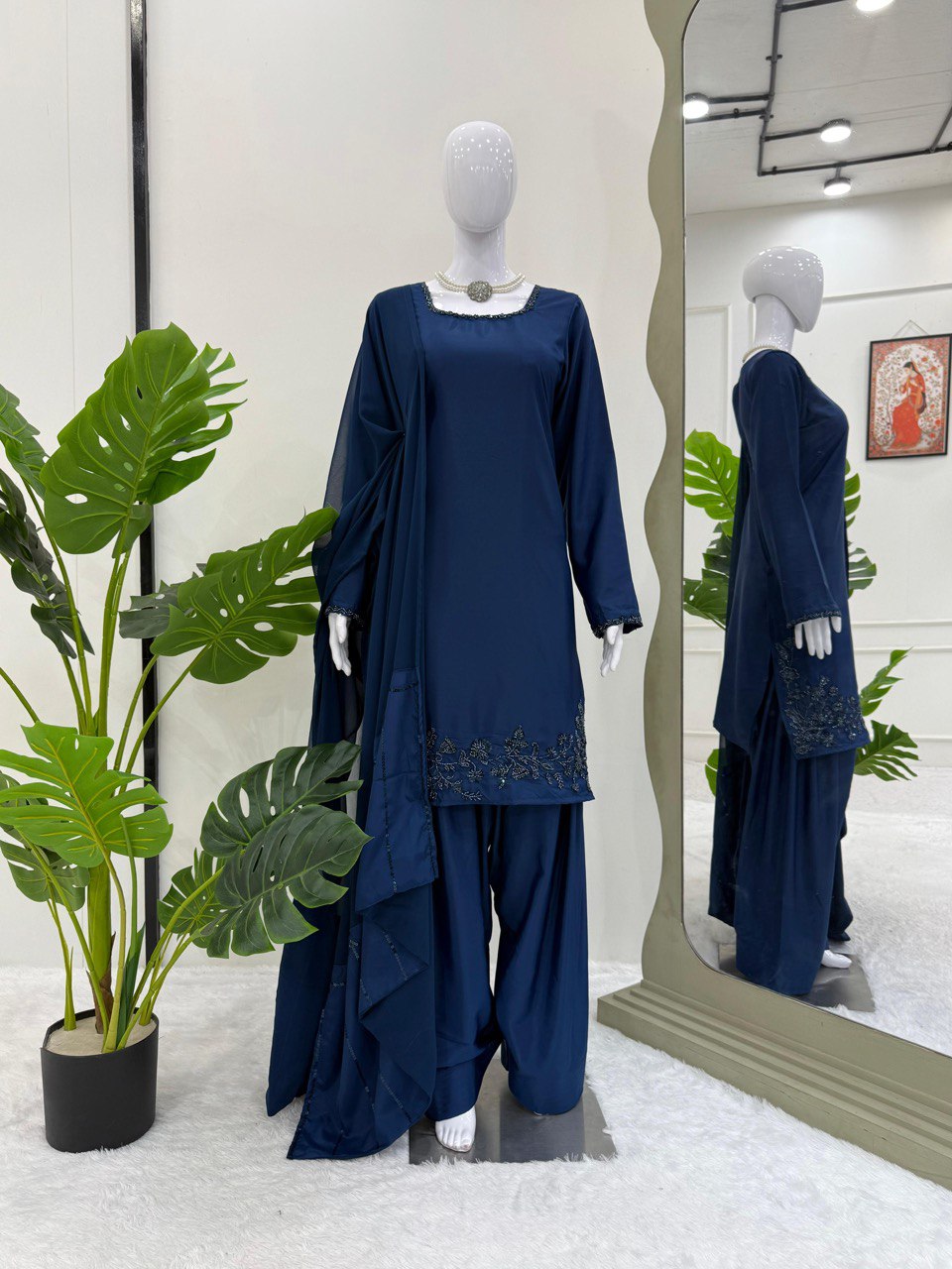Blue Elegant Natural Crepe Farshi Set with Beaded Top & Sequins Dupatta