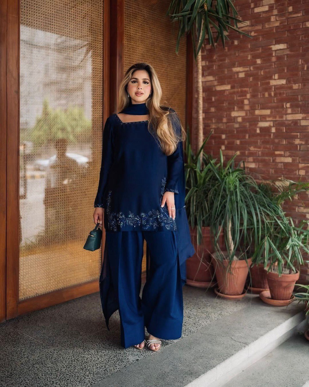 Blue Elegant Natural Crepe Farshi Set with Beaded Top & Sequins Dupatta
