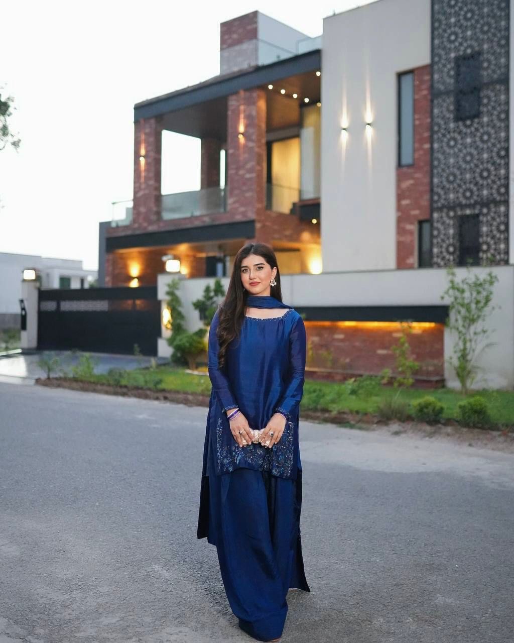 Blue Elegant Natural Crepe Farshi Set with Beaded Top & Sequins Dupatta