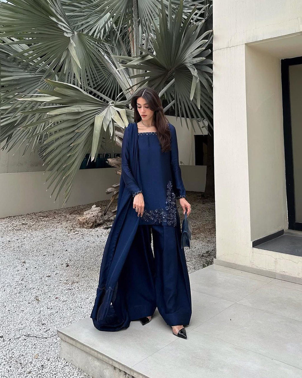 Blue Elegant Natural Crepe Farshi Set with Beaded Top & Sequins Dupatta