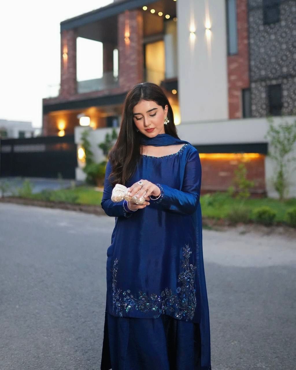 Blue Elegant Natural Crepe Farshi Set with Beaded Top & Sequins Dupatta