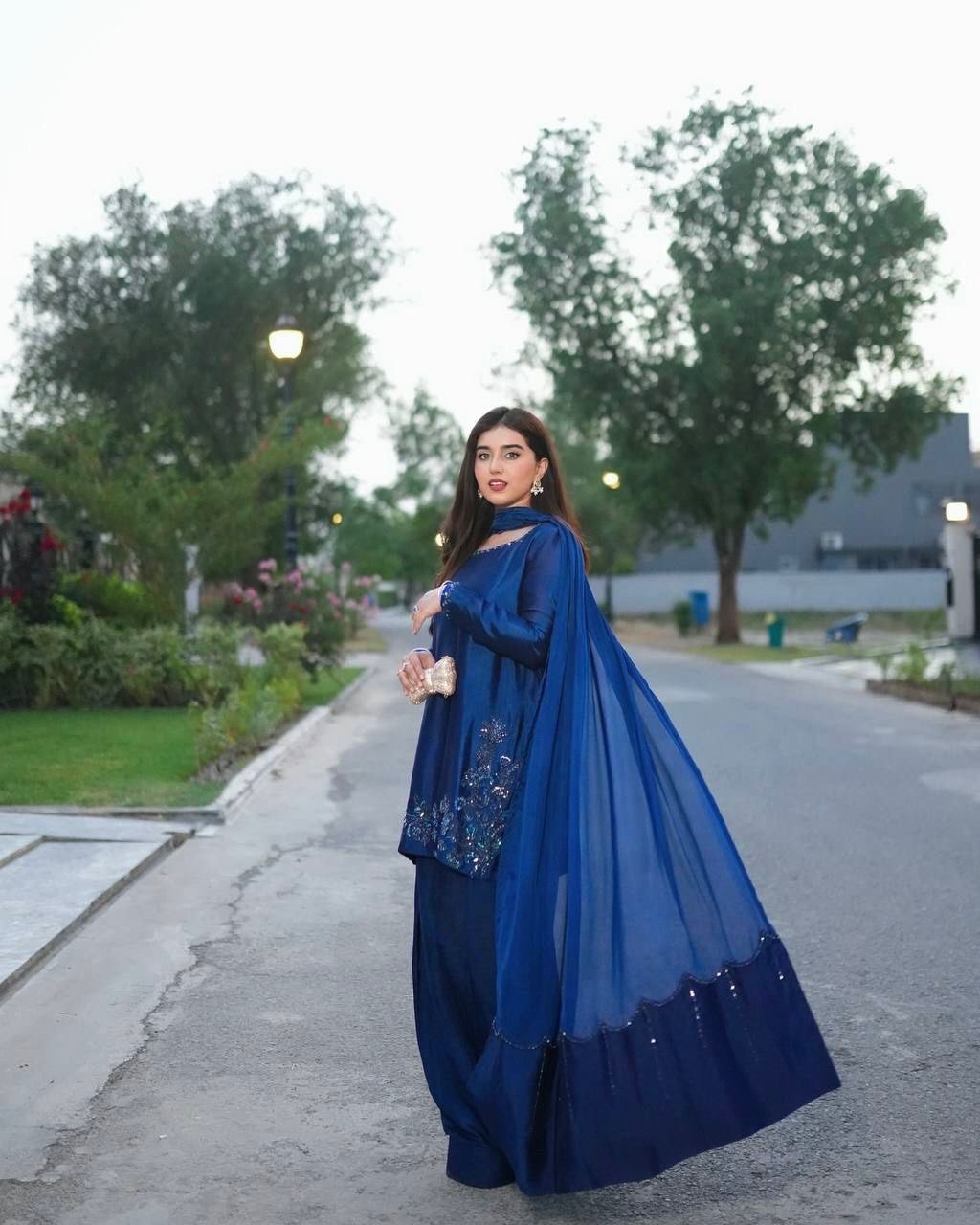 Blue Elegant Natural Crepe Farshi Set with Beaded Top & Sequins Dupatta