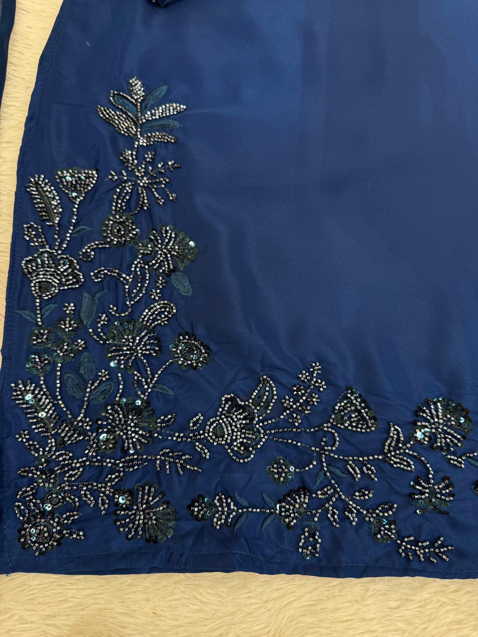 Blue Elegant Natural Crepe Farshi Set with Beaded Top & Sequins Dupatta