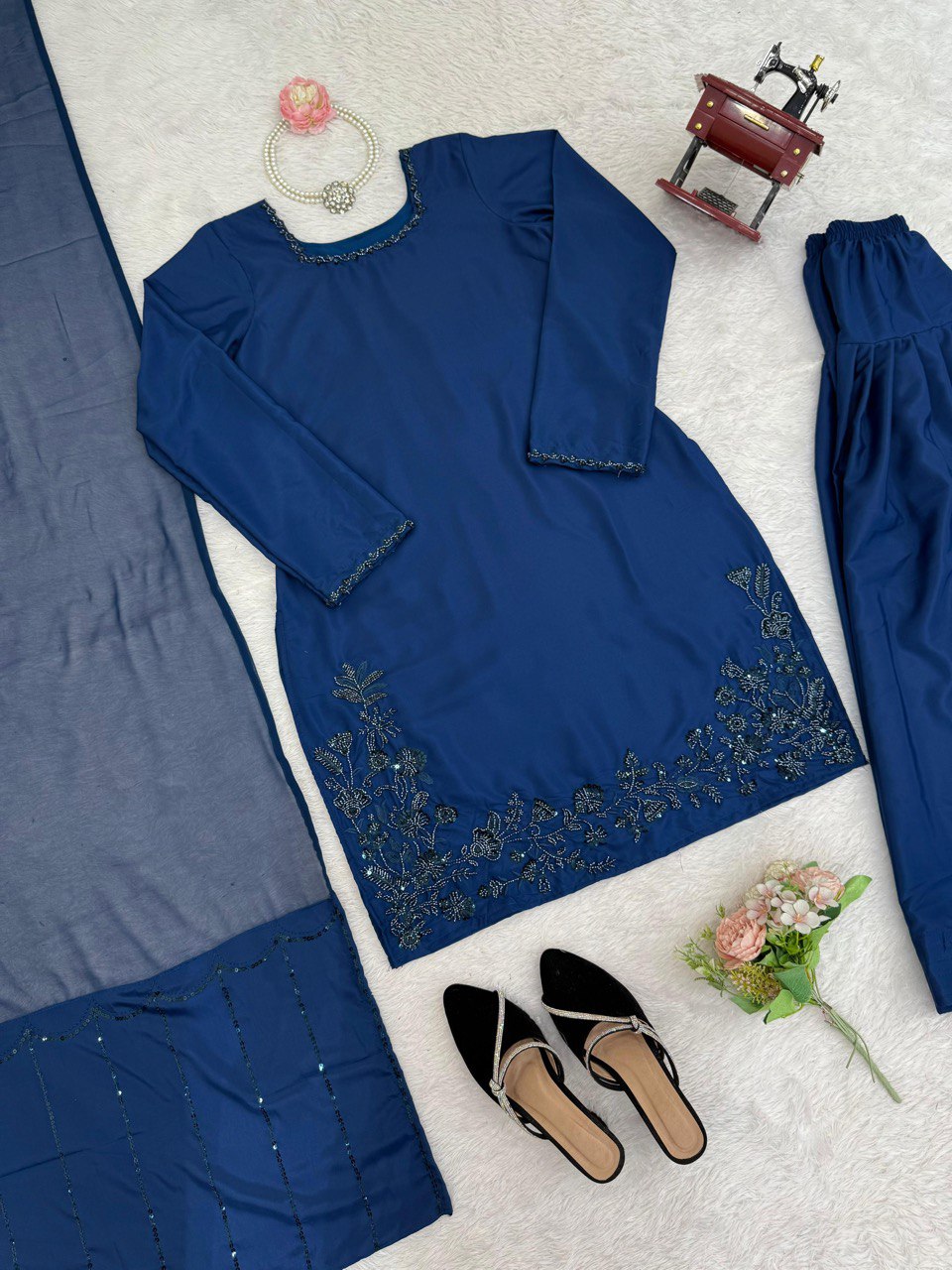 Blue Elegant Natural Crepe Farshi Set with Beaded Top & Sequins Dupatta