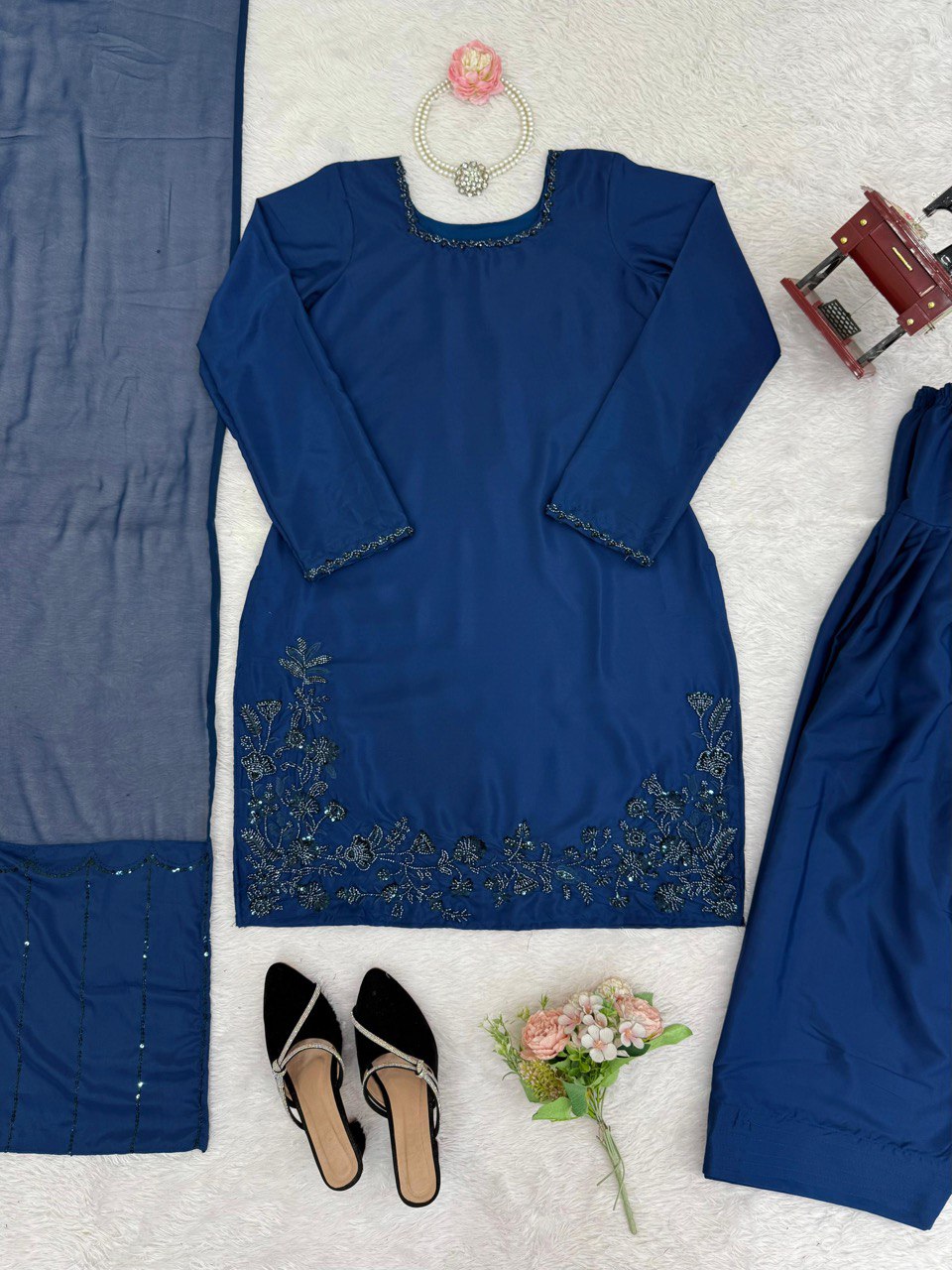 Blue Elegant Natural Crepe Farshi Set with Beaded Top & Sequins Dupatta