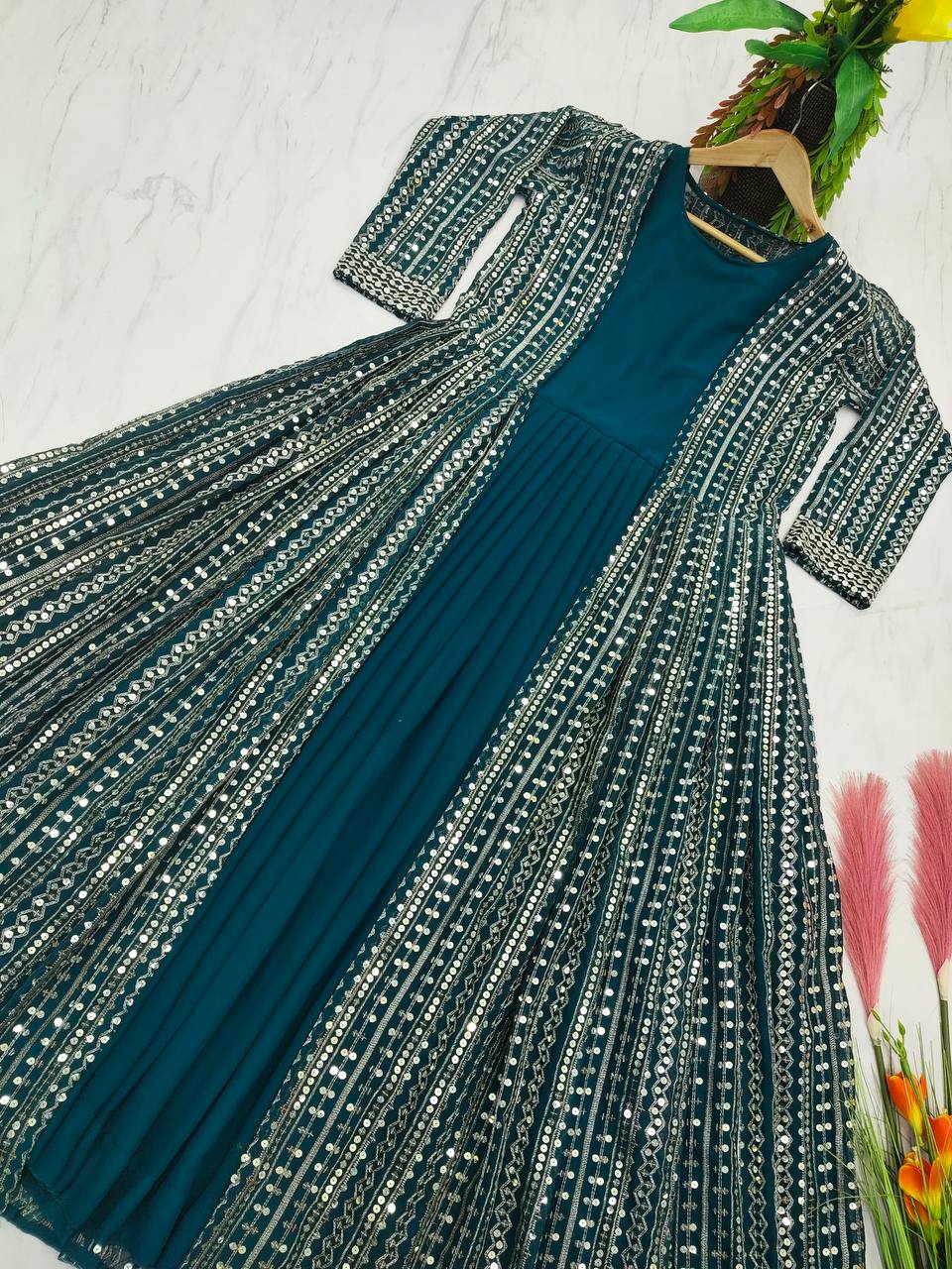 Blue Elegant Party Wear Gown & Long Koti Set with Embroidery and Sequins