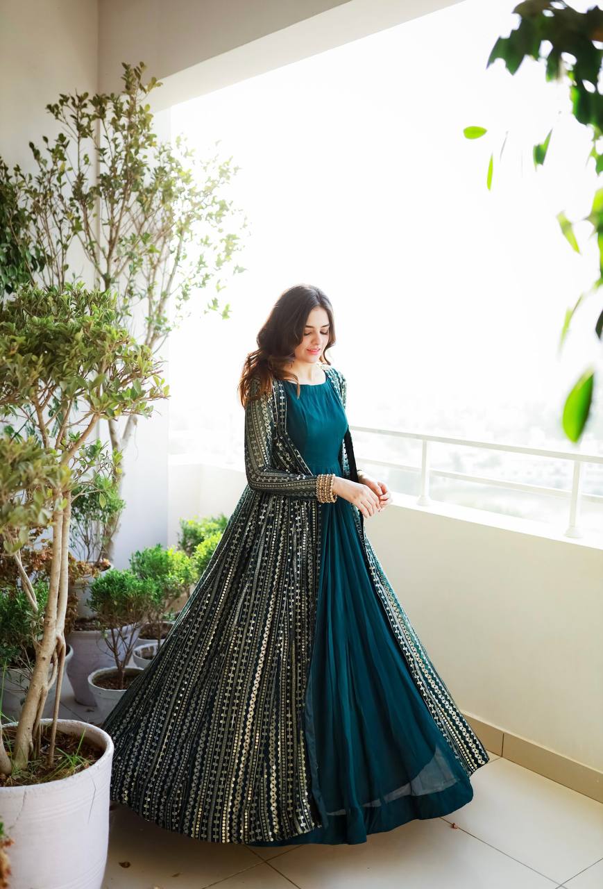 Blue Elegant Party Wear Gown & Long Koti Set with Embroidery and Sequins