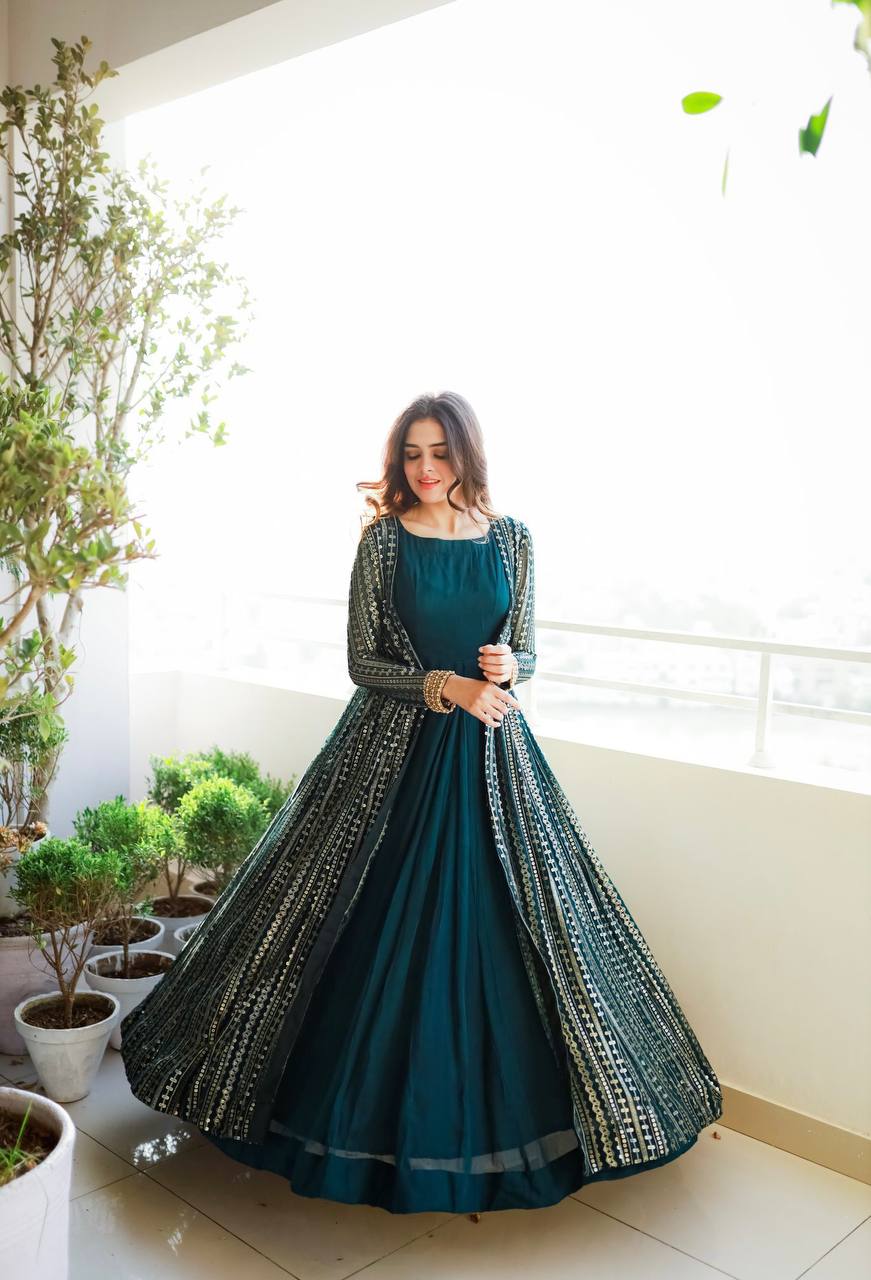 Blue Elegant Party Wear Gown & Long Koti Set with Embroidery and Sequins