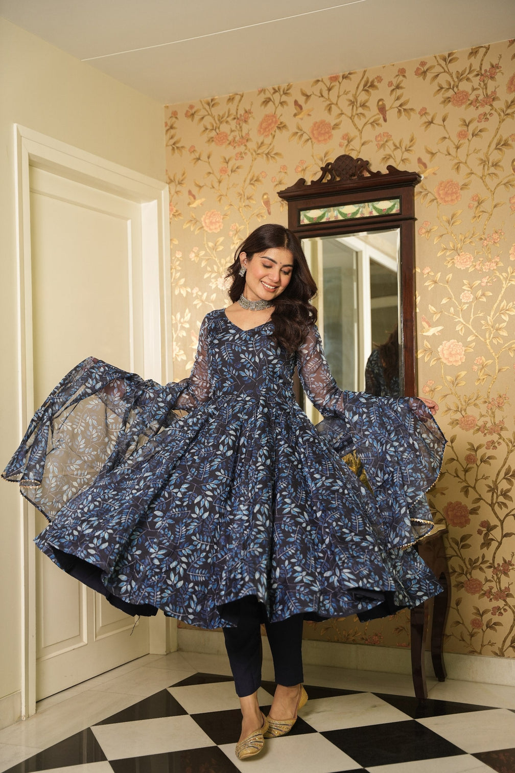 Blue Elegant Printed Three-Piece Anarkali Suit
