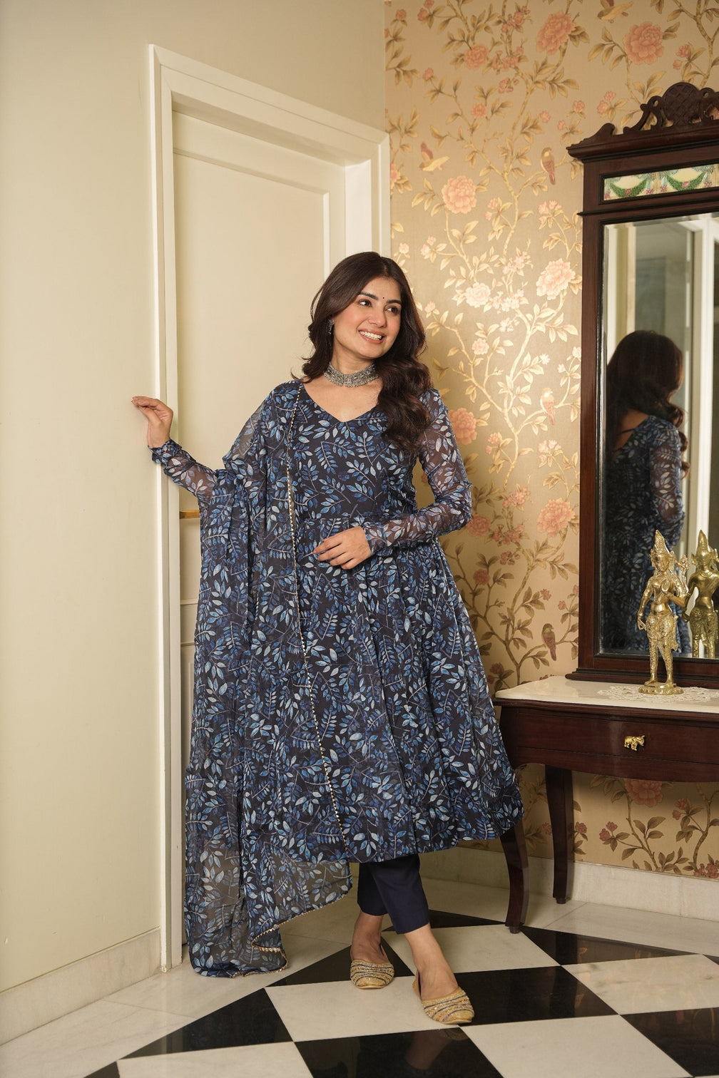 Blue Elegant Printed Three-Piece Anarkali Suit