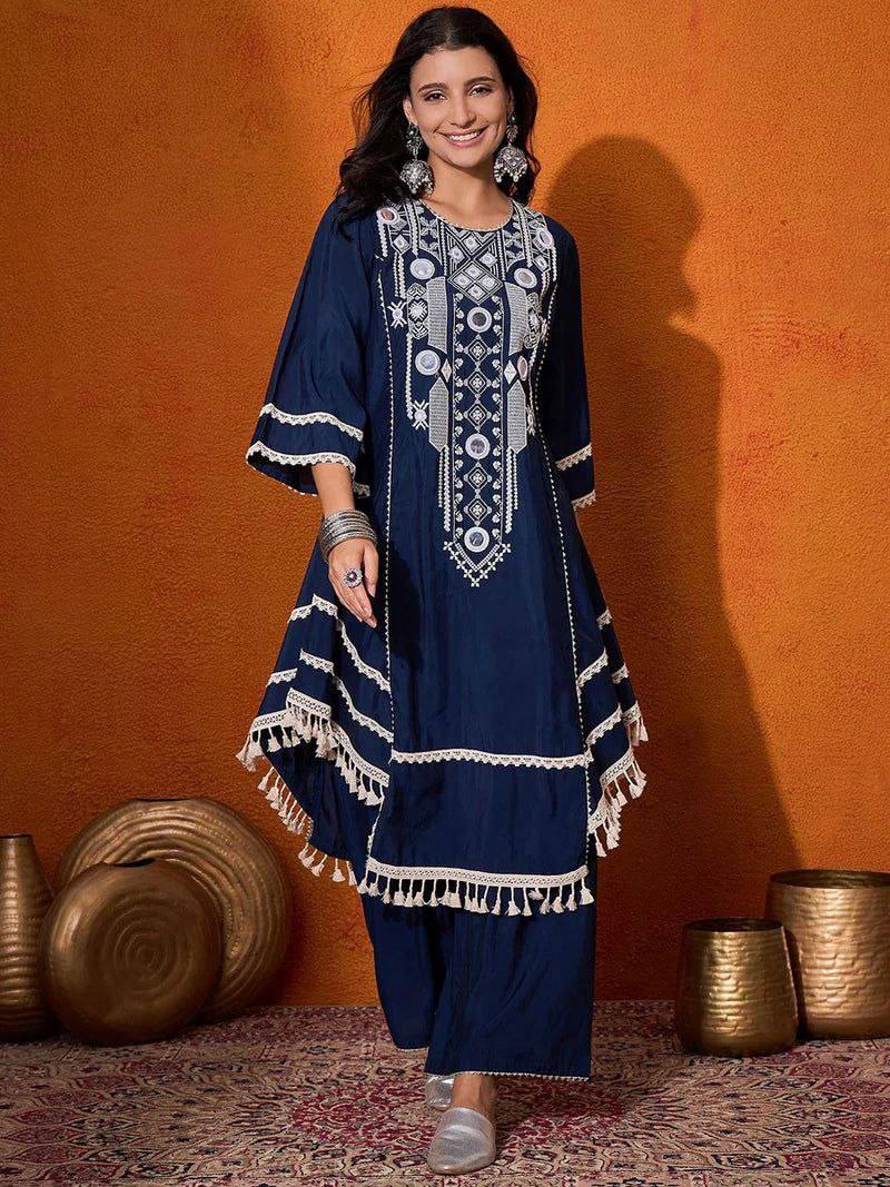 Blue Elegant Reyon Cotton Top & Plazo Set with Real Mirror Work and Fancy Lace Latkan