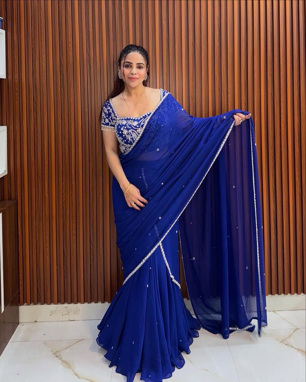Blue Elegant Ruffle-Style Lehenga Saree with Sequins & Thread Work