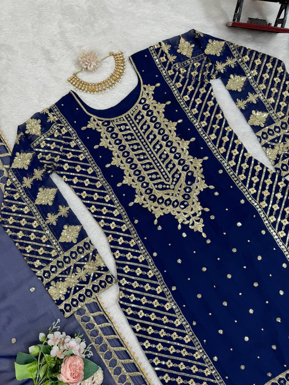 Blue Elegant Thread & Sequin Embroidered Georgette Suit Set