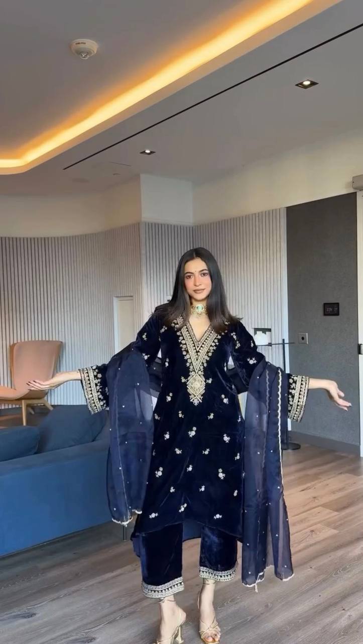 Blue Elegant Velvet Embroidered Suit Set