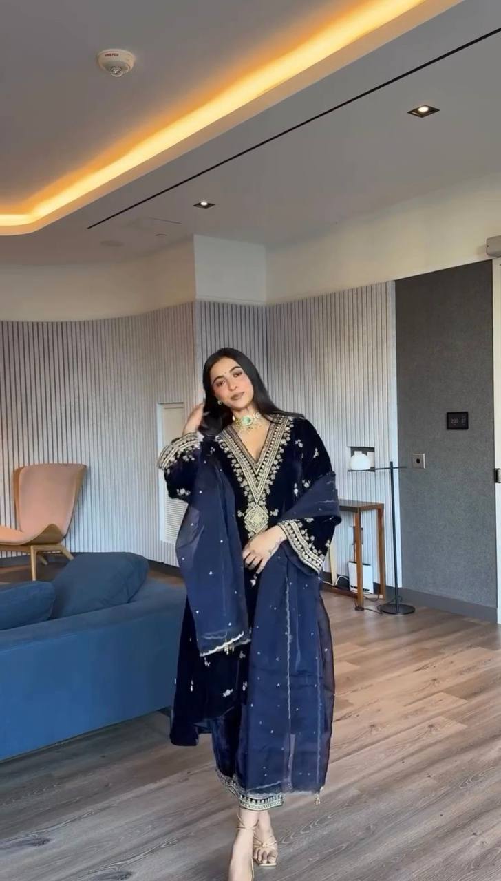 Blue Elegant Velvet Embroidered Suit Set