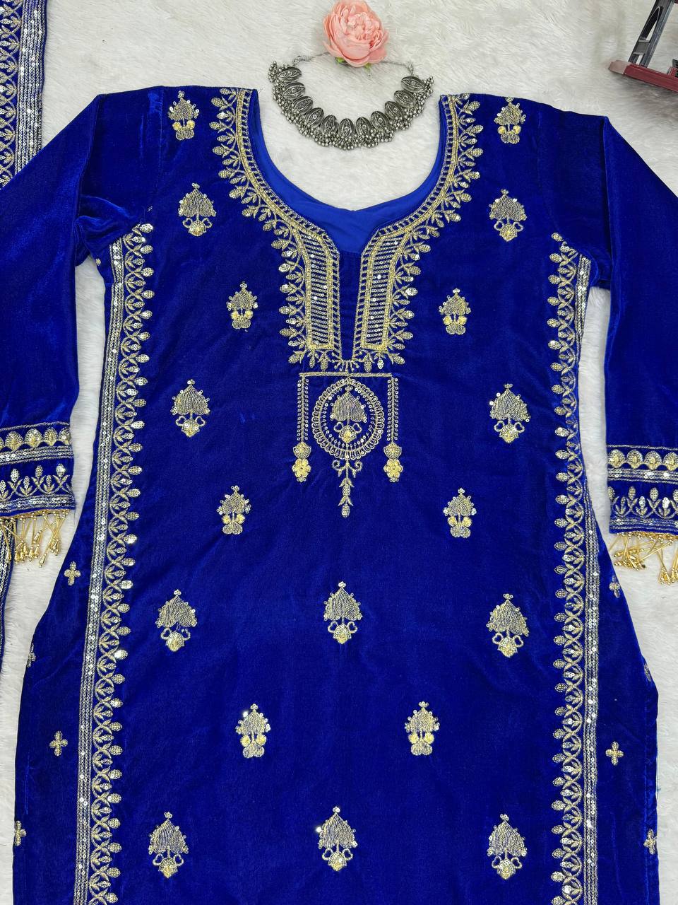 Blue Elegant Velvet Ensemble – Luxe Thread & Sequin Work