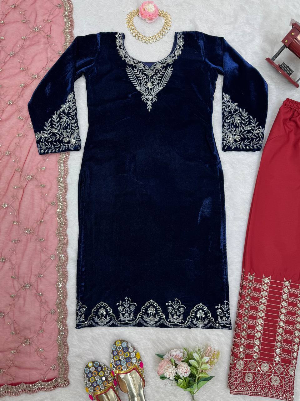 Blue Elegant Velvet Threadwork Suit Set