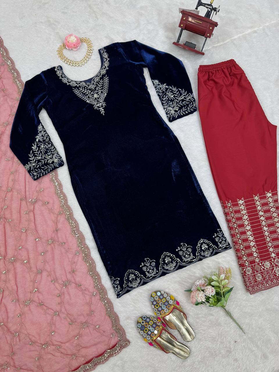 Blue Elegant Velvet Threadwork Suit Set