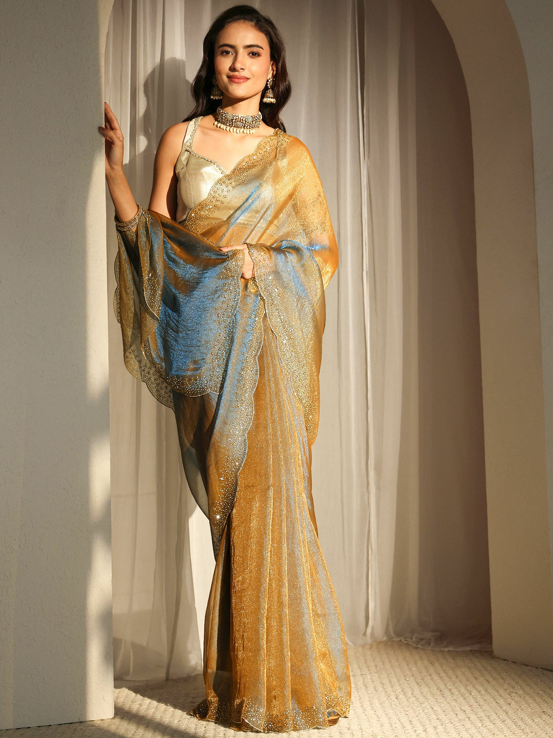 Mameraa Blue Embellished Border Tissue Saree With Unstitched Blouse Piece
