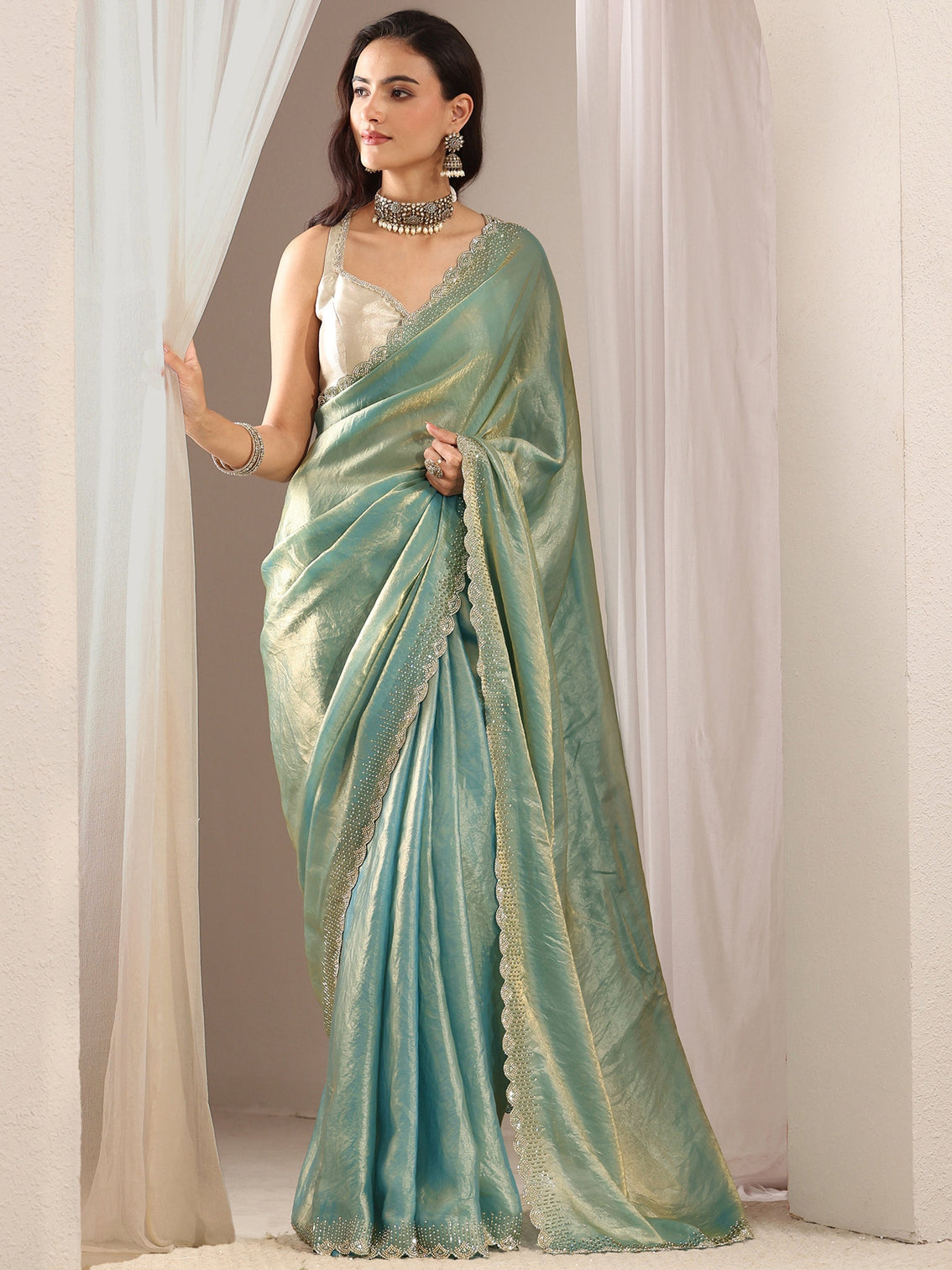 Mameraa Blue Embellished Border Tissue Saree With Unstitched Blouse Piece