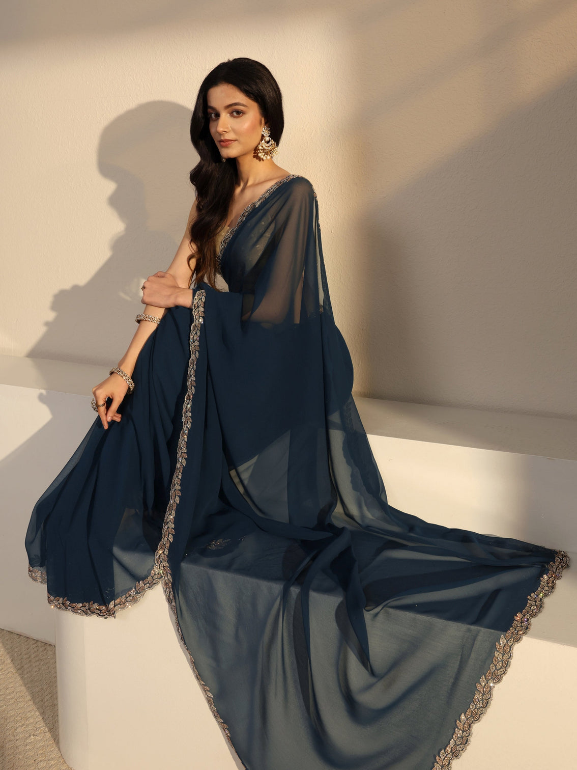 Mameraa Blue Embellished Georgette Saree With Unstiched Blouse Piece