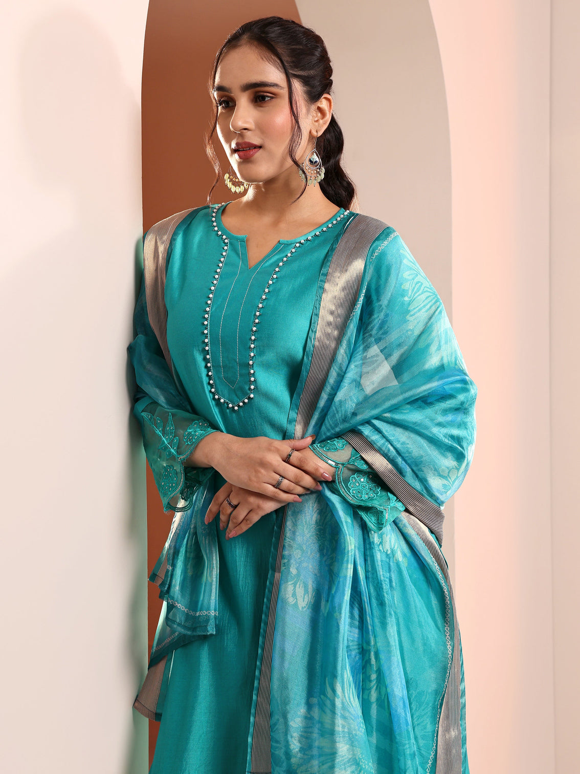 Mameraa Blue Embellished Silk Blend Straight Suit Set With Dupatta