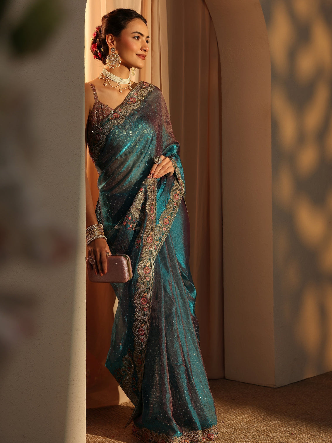 Mameraa Blue Embellished Tissue Saree With Unstitched Blouse Piece